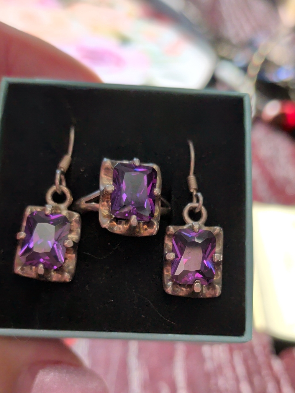 Silver-Tone Purple Crystal Drop Earrings with Matching Ring
